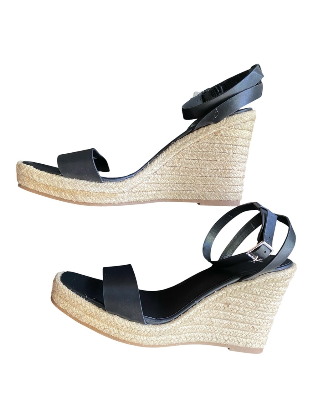 A New Day Black Espadrille Wedge Sandals 8.5W Wide Width Coastal Ankle Strap - Picture 2 of 6